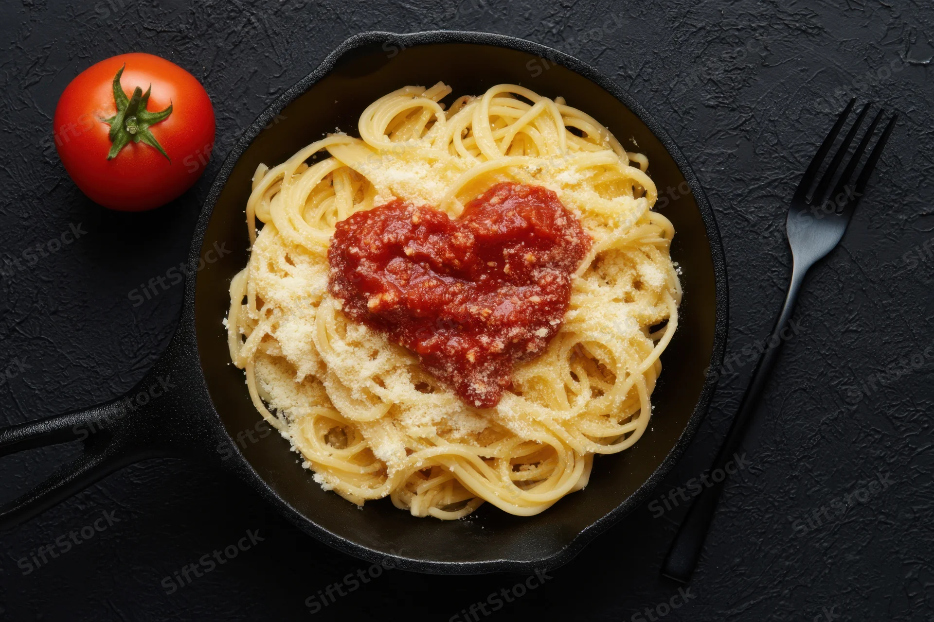 Spaghetti topped with heart-shaped tomato sauce and grated cheese in a cast iron skillet on a dark surface with a fork and whole tomato beside it