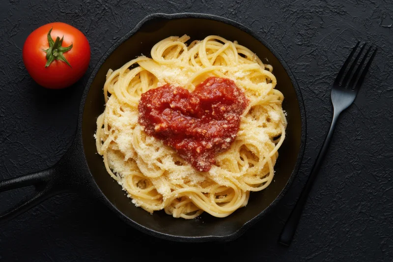 Spaghetti topped with heart-shaped tomato sauce and grated cheese in a cast iron skillet on a dark surface with a fork and whole tomato beside it
