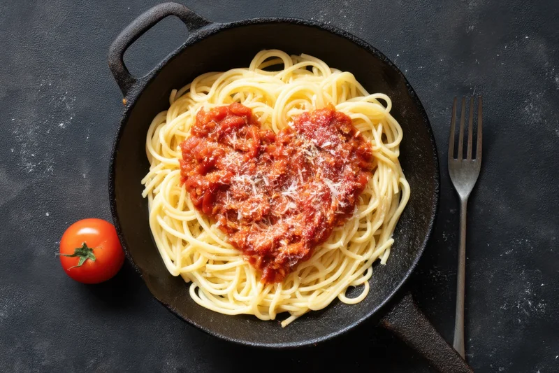 Spaghetti in a cast iron skillet topped with heart-shaped tomato sauce and grated cheese, served with a fork and a whole tomato on a dark surface
