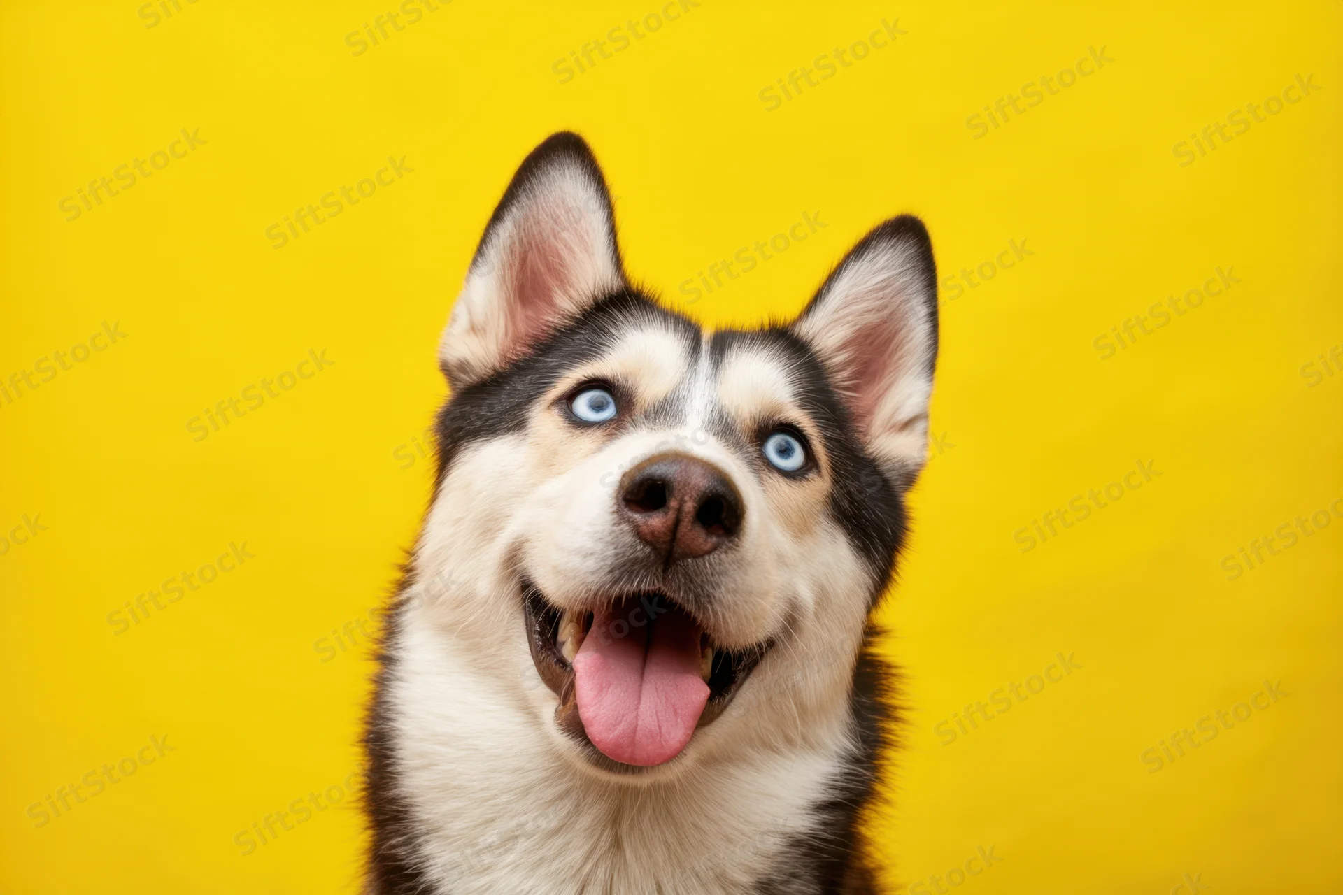 Cheerful husky puppy with blue eyes and open mouth against yellow background