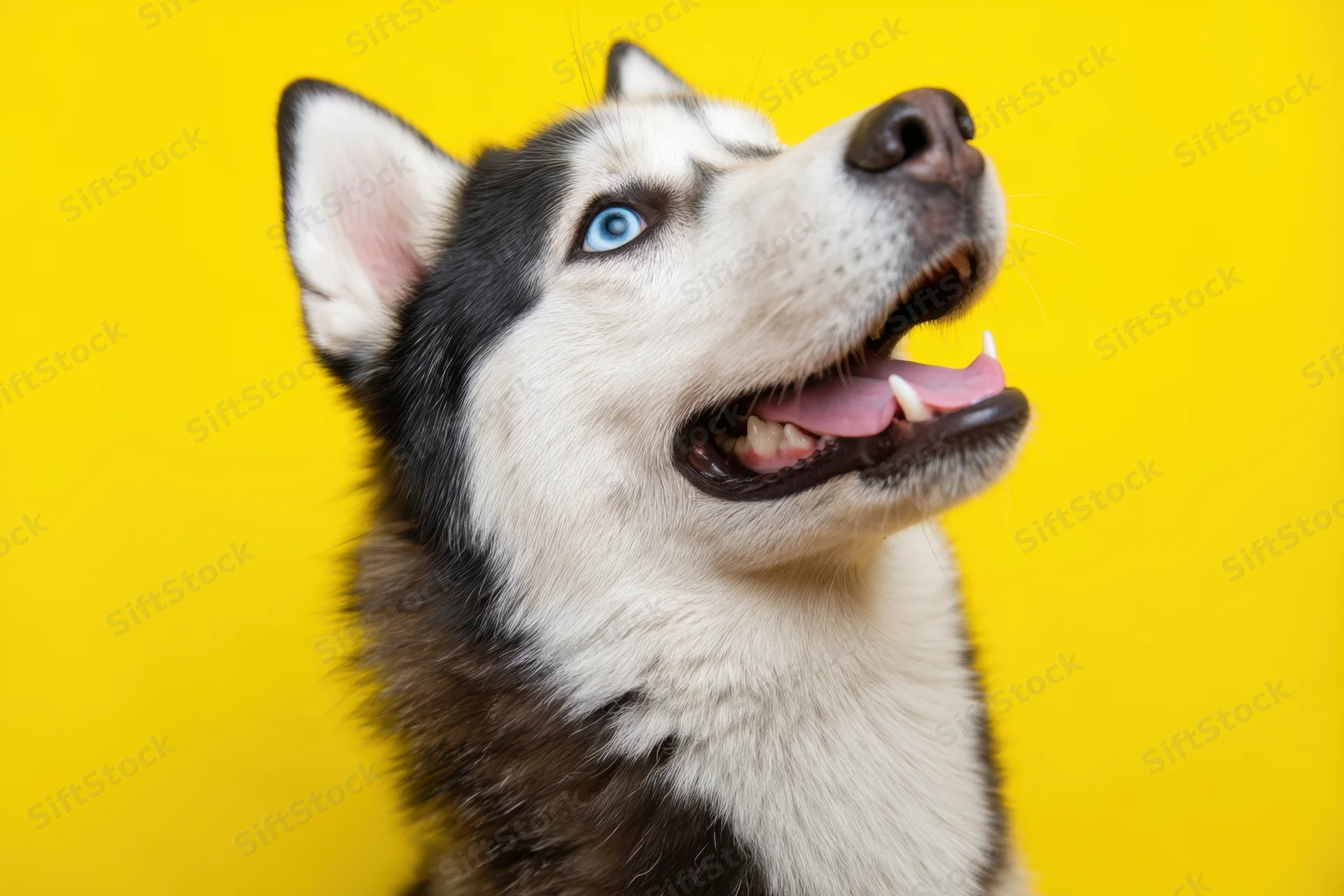 Husky dog with blue eyes looking up and smiling against yellow background
