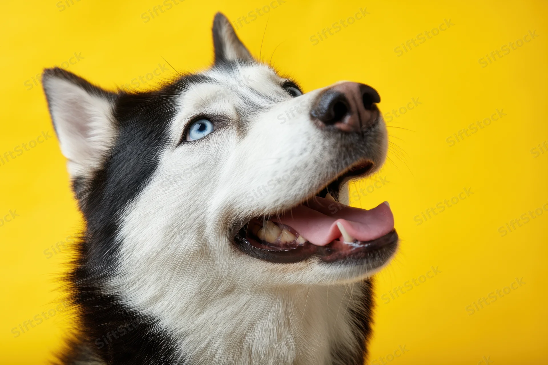 Husky dog with blue eyes looking up and smiling against yellow background