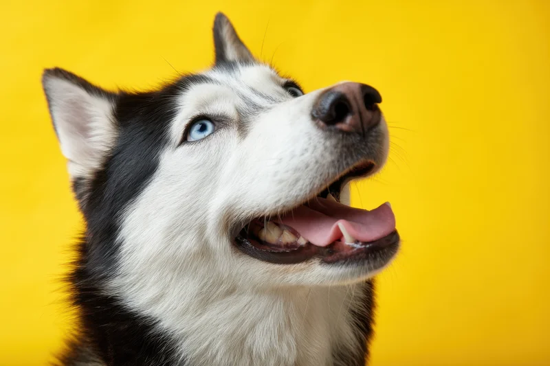 Husky dog with blue eyes looking up and smiling against yellow background