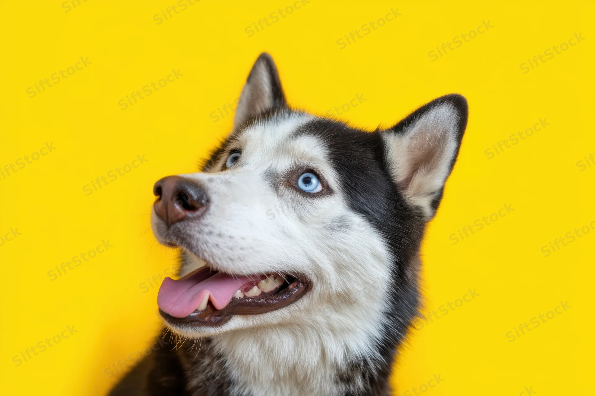 Husky dog with blue eyes and open mouth looking upward against yellow background