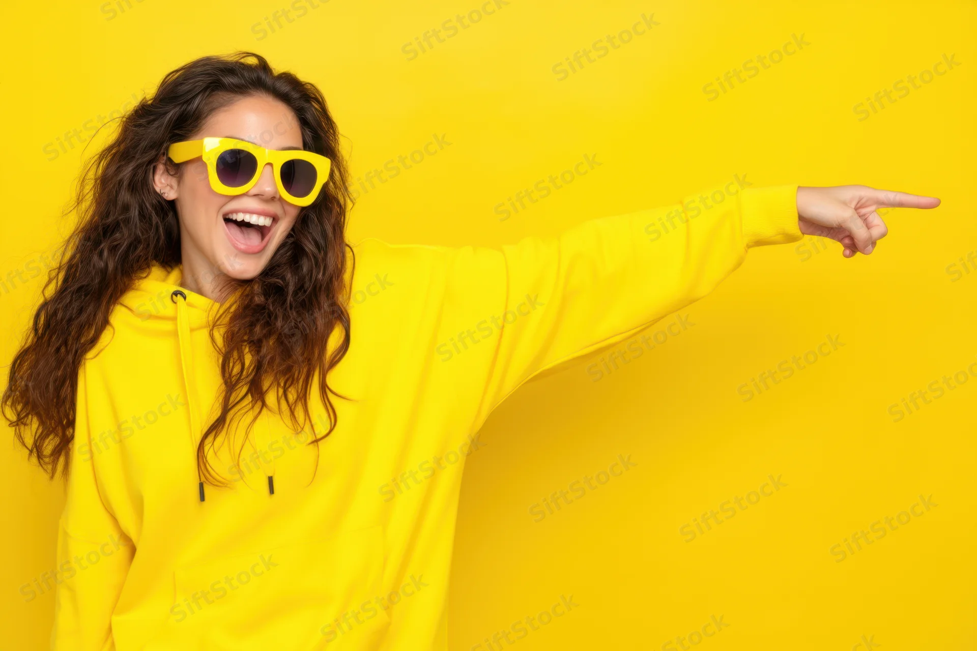 Young woman in yellow hoodie and sunglasses laughing and pointing against yellow background