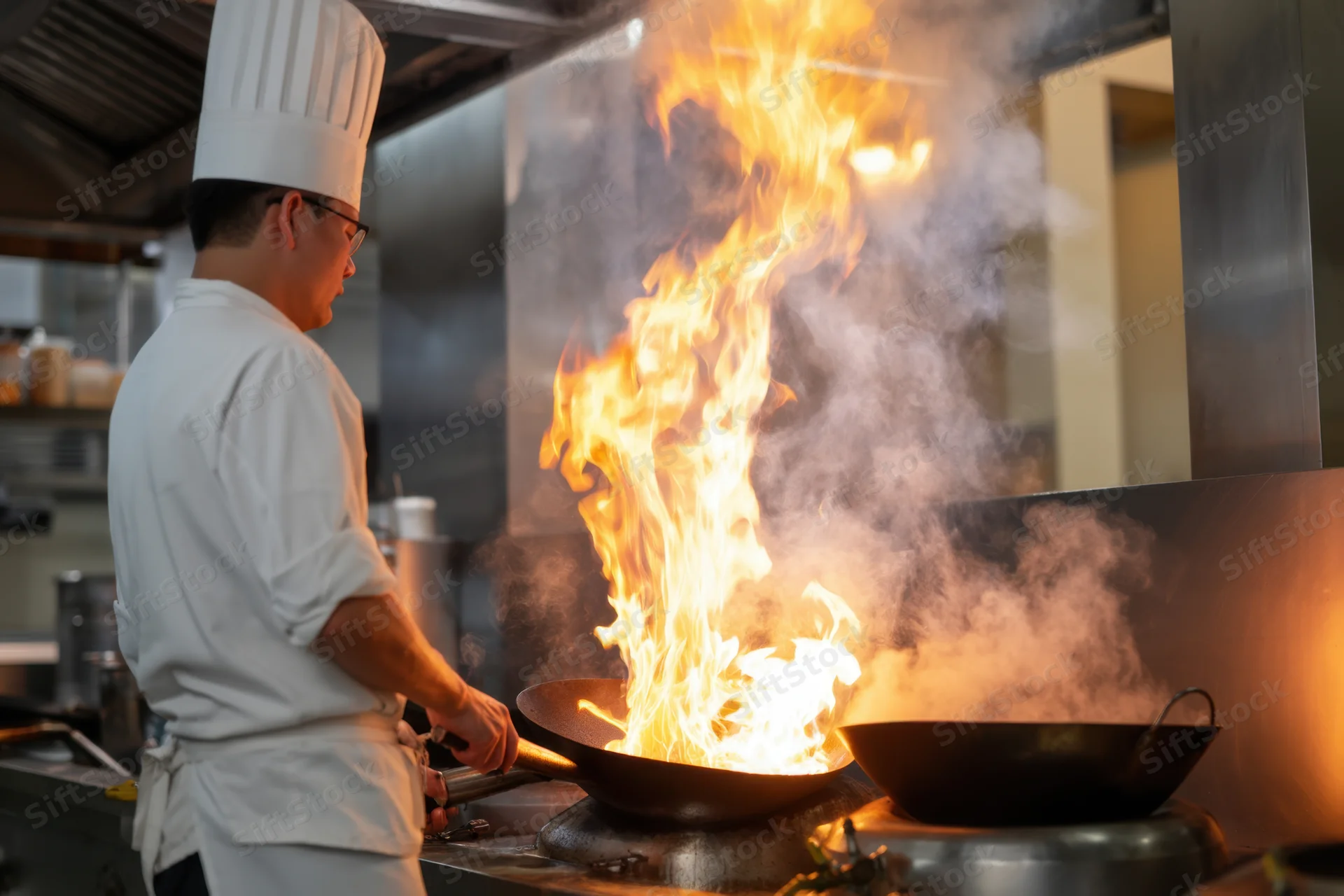 Chef cooking with high flame in wok at commercial kitchen stove