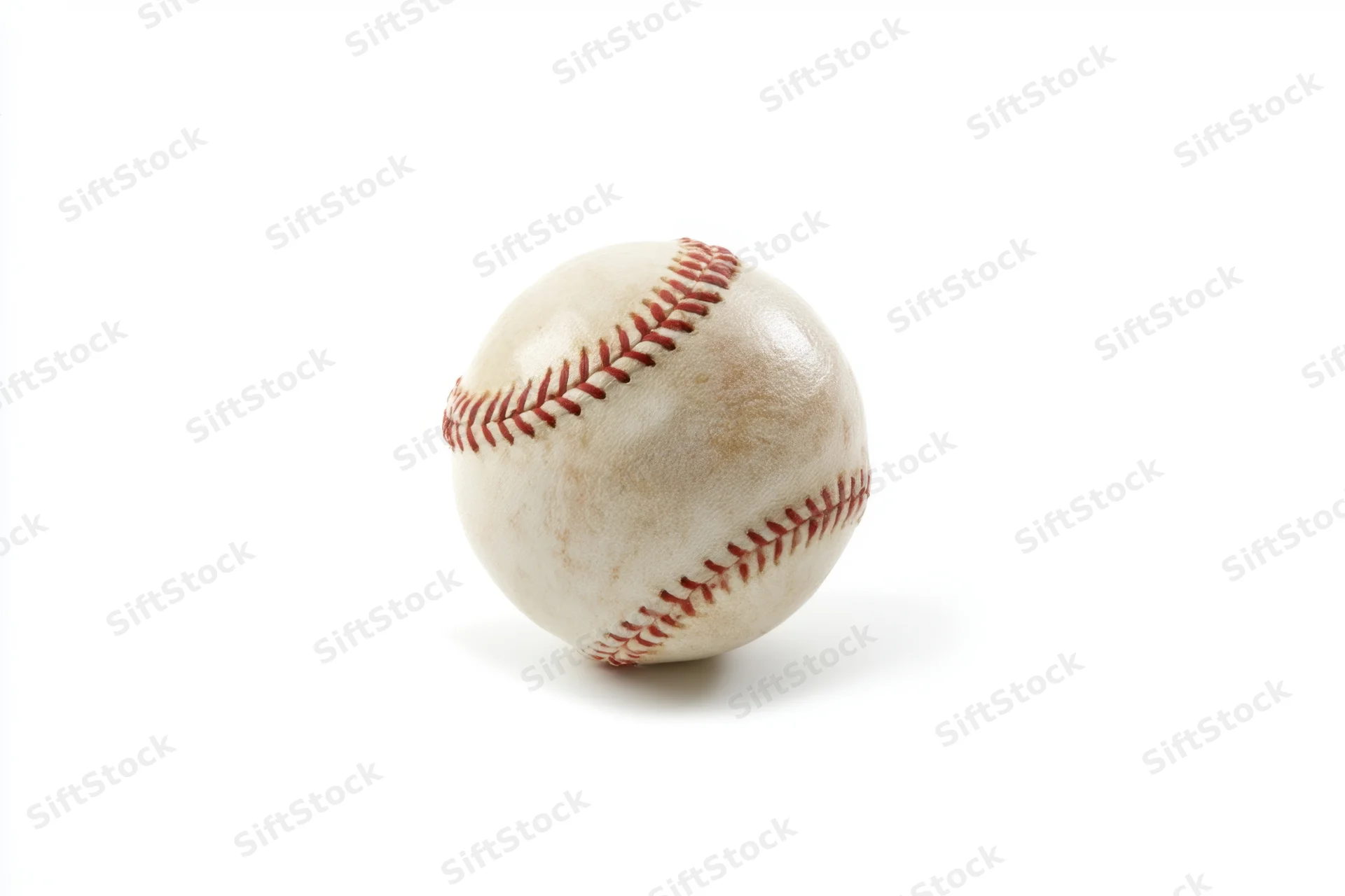 A used baseball with detailed red stitching resting on a white surface