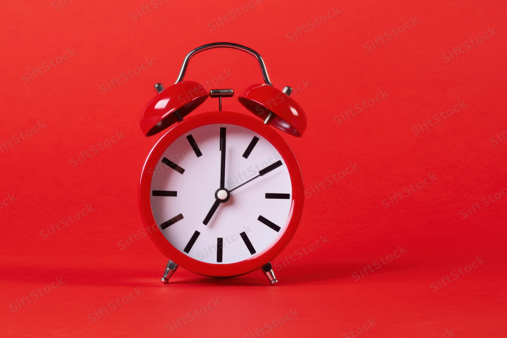 Red classic alarm clock with white face and black hands on red background