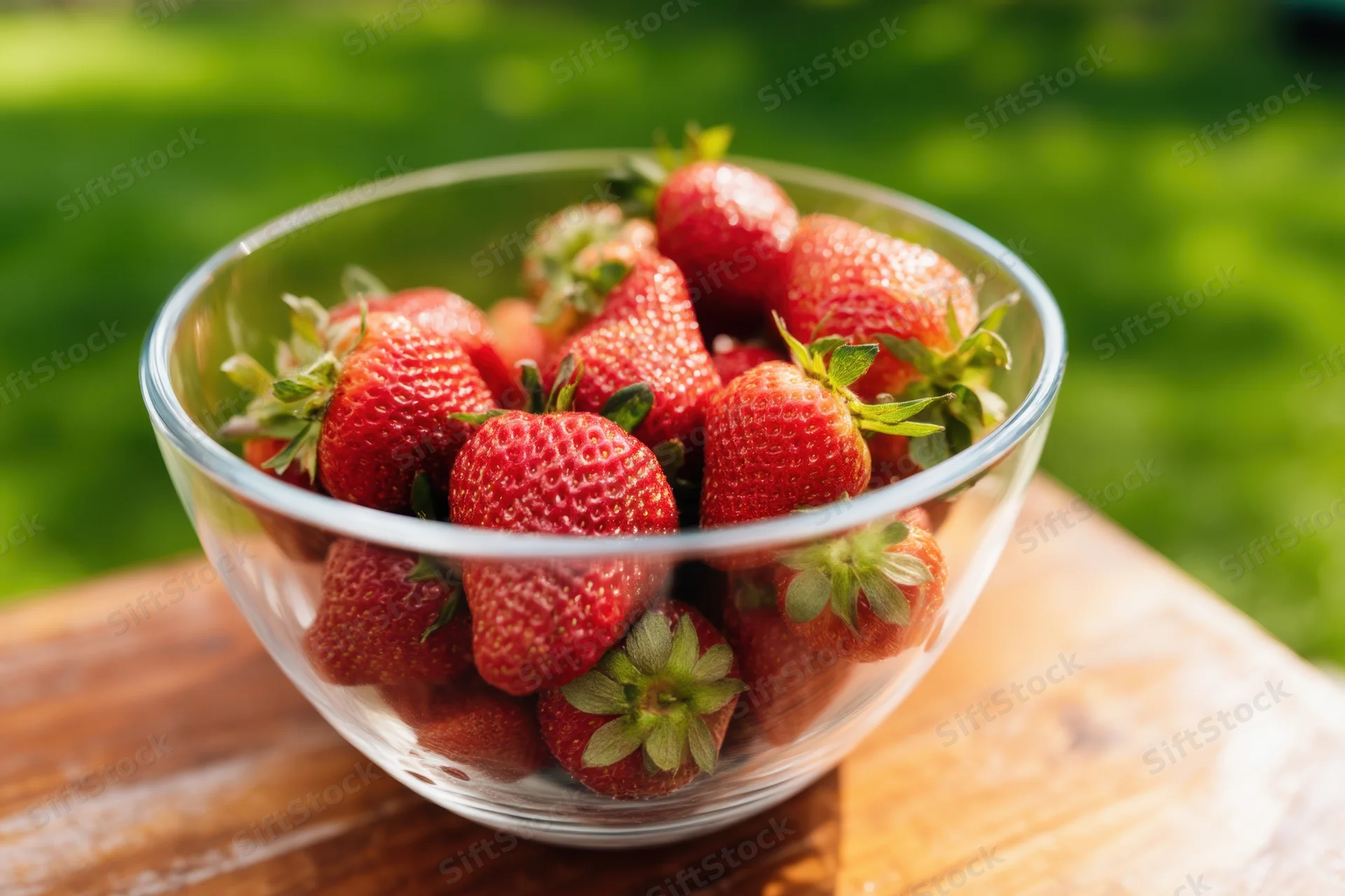 Fresh ripe strawberries in a clear glass bowl on a wooden table outdoors