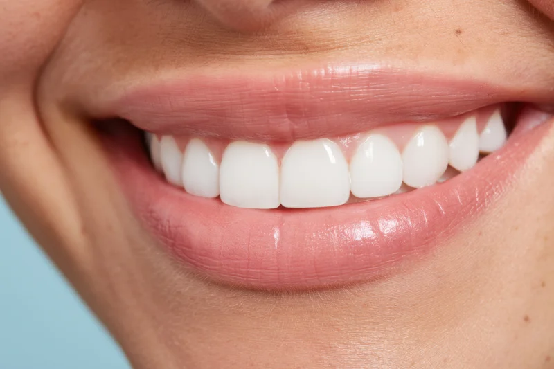 Close-up of a woman’s smile showing perfectly aligned white teeth