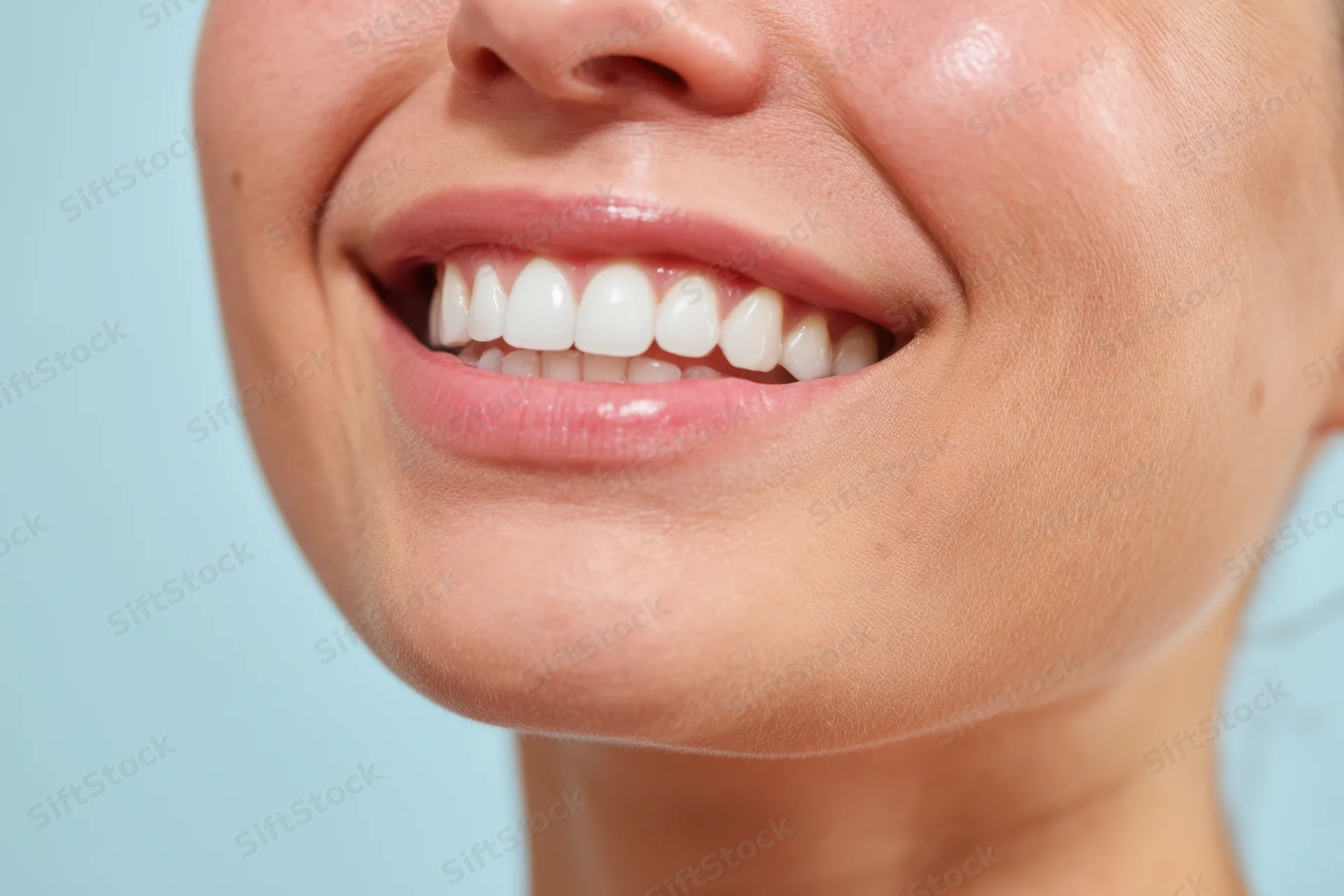 Close-up of a woman’s smile showing perfectly aligned white teeth against a light blue background