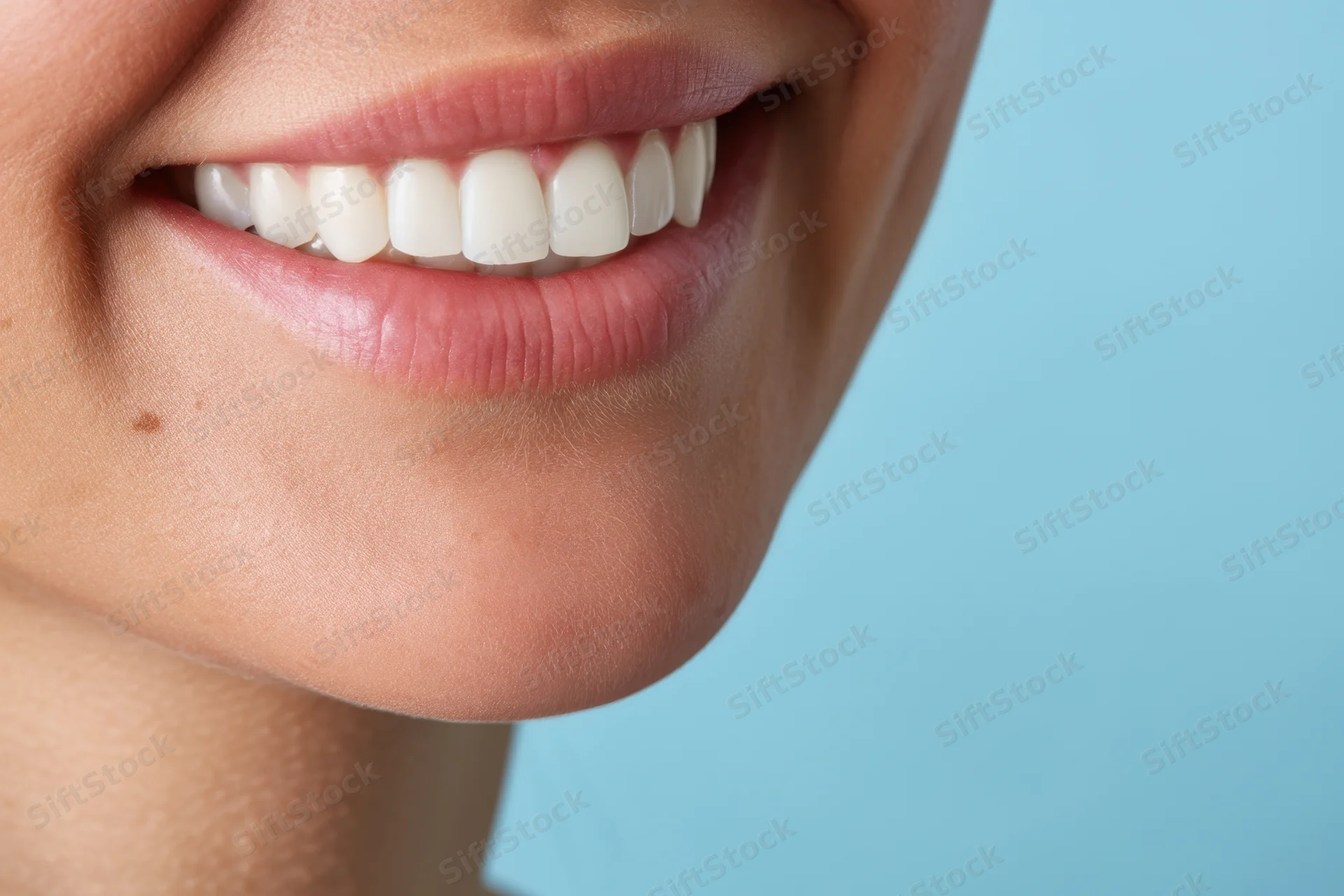 Close-up of a woman’s smile showing perfectly aligned white teeth against a blue background