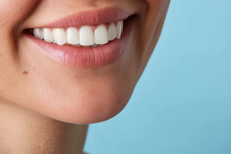 Close-up of a woman’s smile showing perfectly aligned white teeth against a blue background