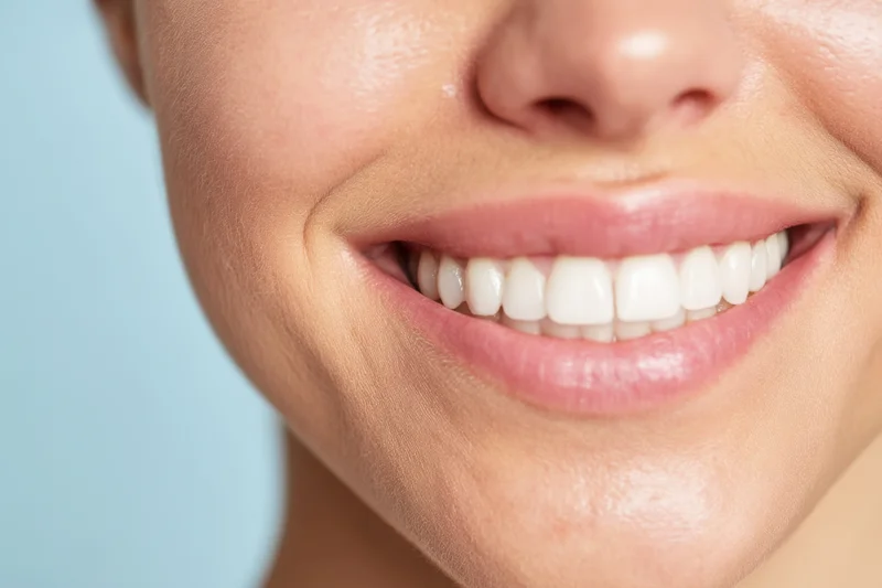 Close-up of a woman’s smile showing perfectly aligned white teeth against a blue background