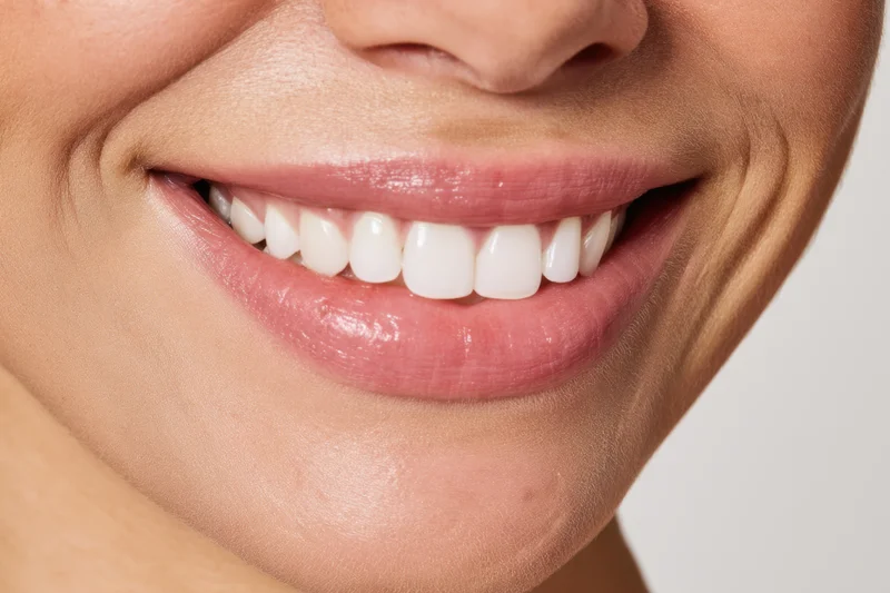 Close-up of a woman’s smiling mouth showing bright white teeth and pink lips