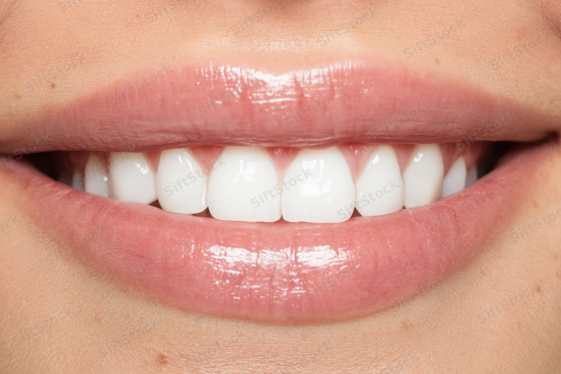Close-up of a smiling mouth showing bright white teeth and pink lips