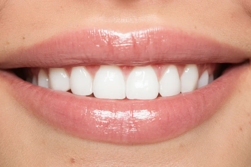 Close-up of a smiling mouth showing bright white teeth and pink lips
