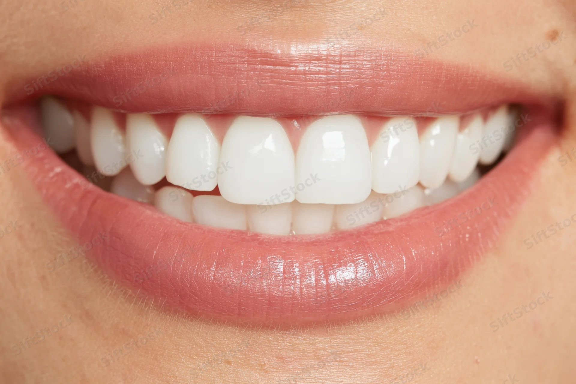 Close-up of a woman's smiling mouth showing bright white teeth and pink lips