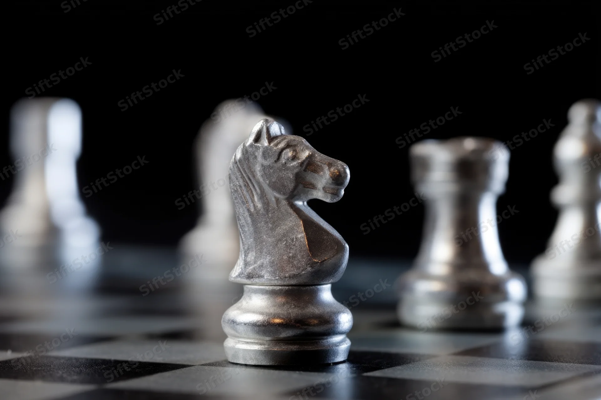 Metallic chess knight in focus on a chessboard with blurred pieces in background