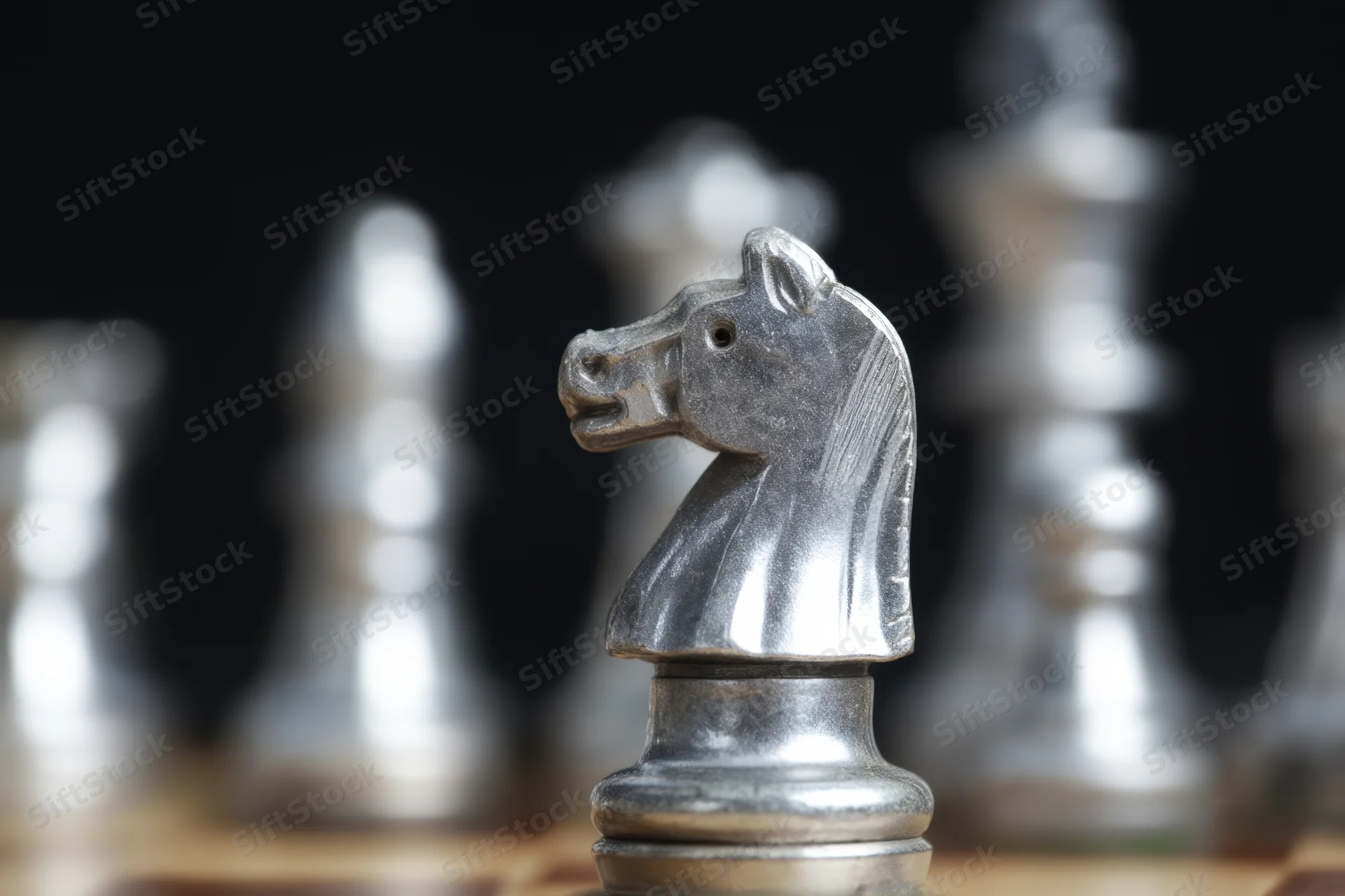 Metallic chess knight piece in sharp focus on a wooden board with blurred pieces in background