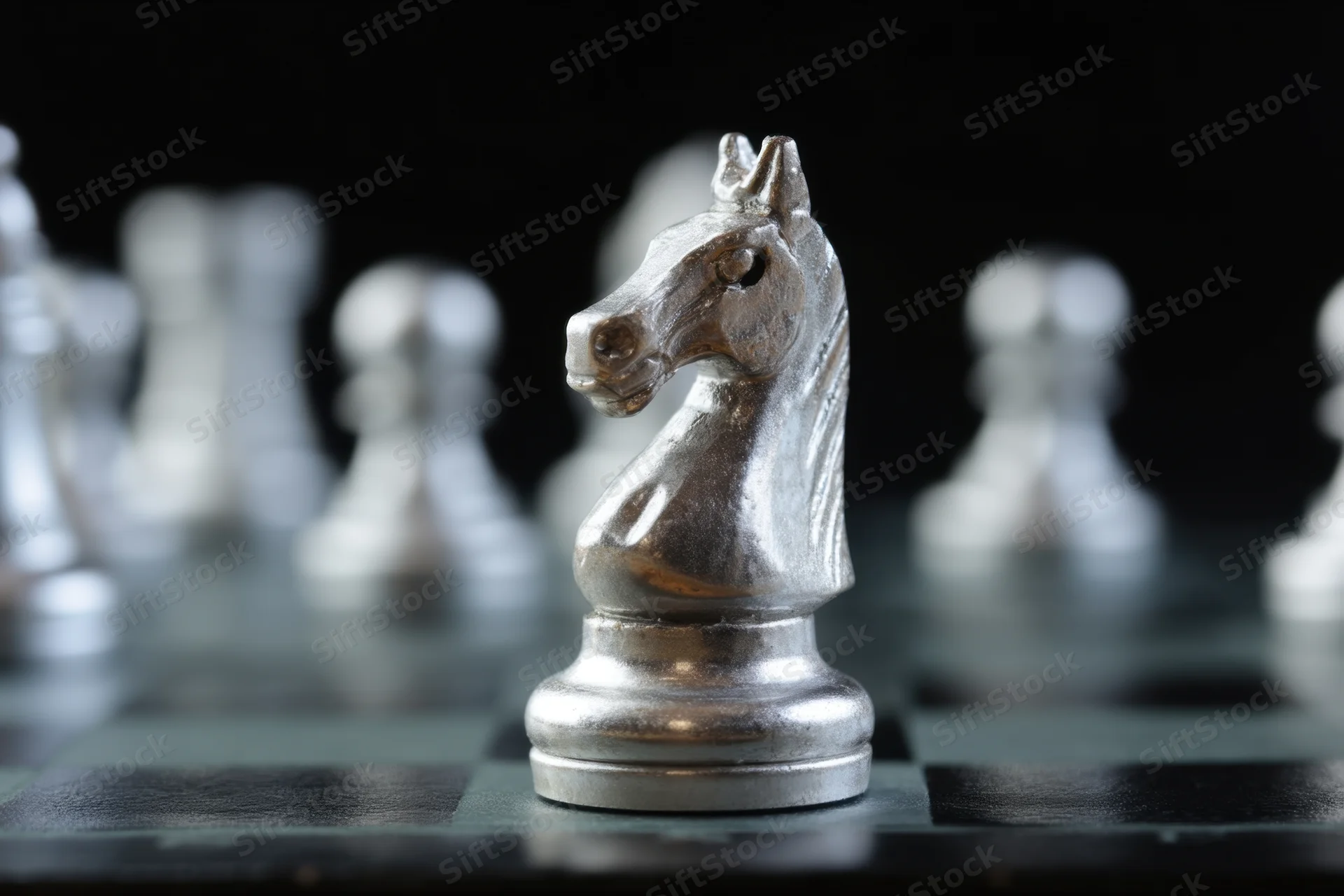 Metallic chess knight piece in focus on a checkered board with blurred pieces in background