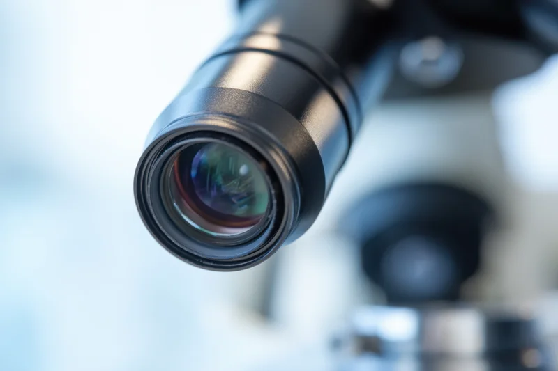 Closeup of a microscope lens showing its glass and metal components in a laboratory setting
