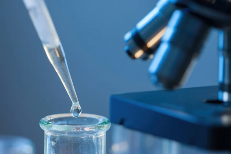 Pipette releasing a drop of liquid into a test tube in a laboratory setting with a microscope in the background