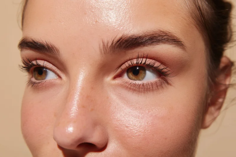 Closeup of a woman’s eyes with soft natural makeup highlighting skin texture and warm tones