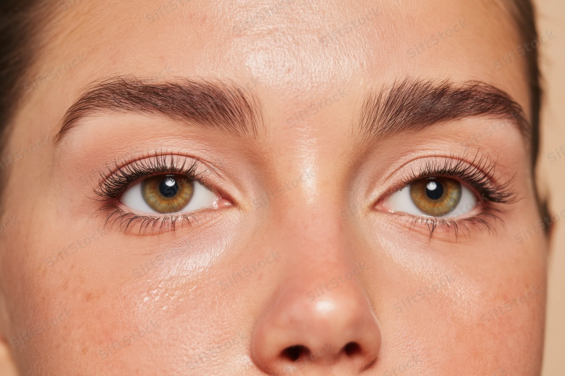 Closeup of a woman’s eyes with soft makeup emphasizing natural glow and defined lashes