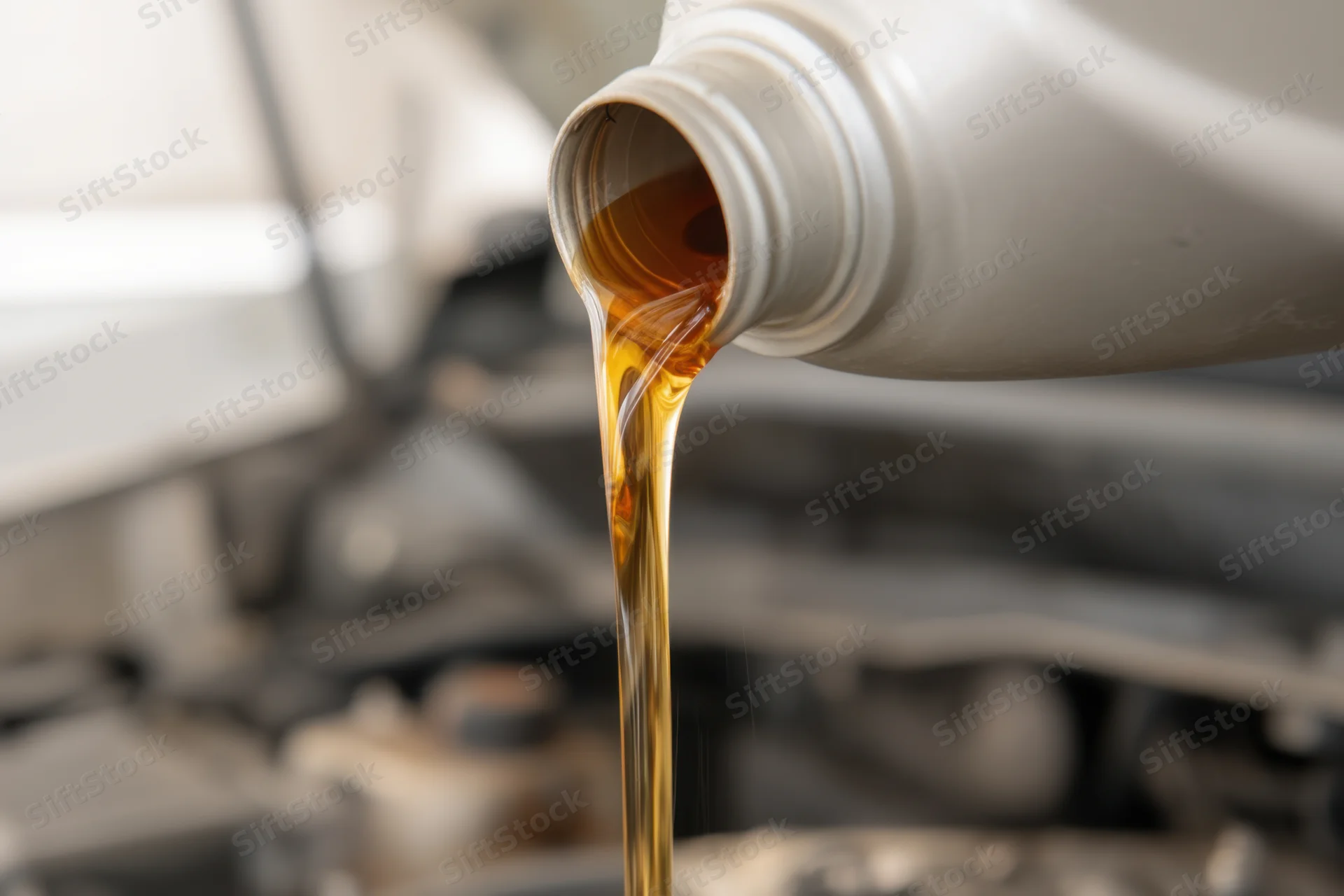 Engine oil pouring from a bottle into a car engine during maintenance