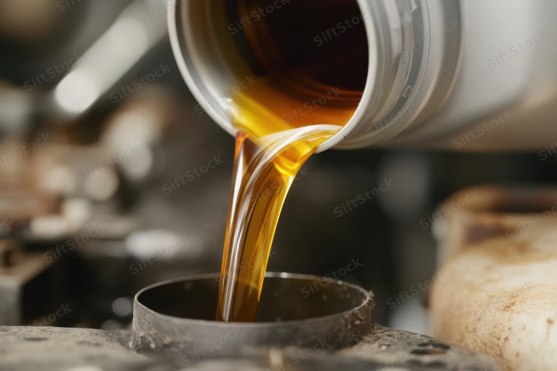 Engine oil being poured from a container into a vehicle's oil fill cap in a workshop setting