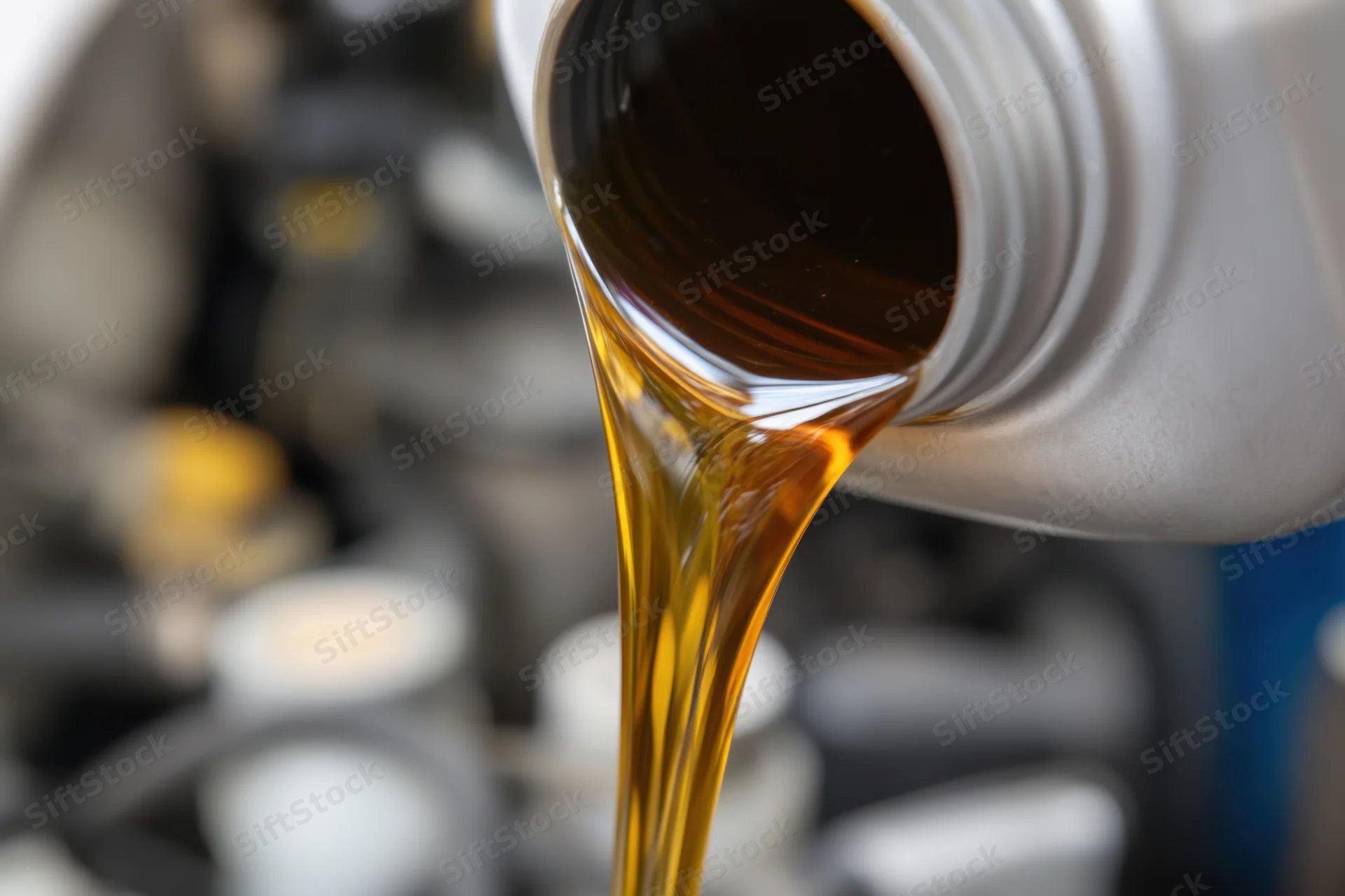 Engine oil pouring from a bottle into a vehicle engine during maintenance