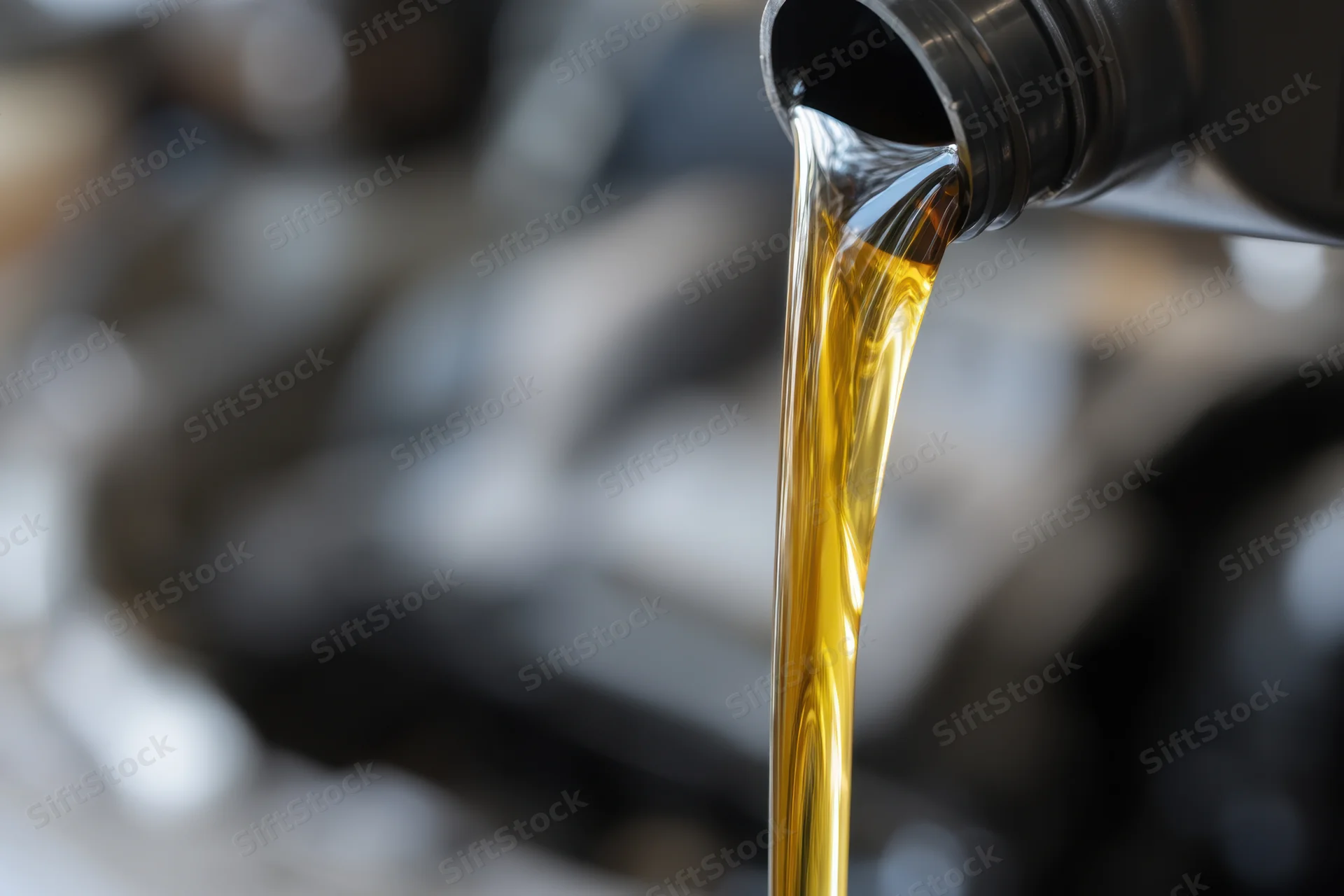 Golden motor oil pouring from a black bottle into an engine compartment