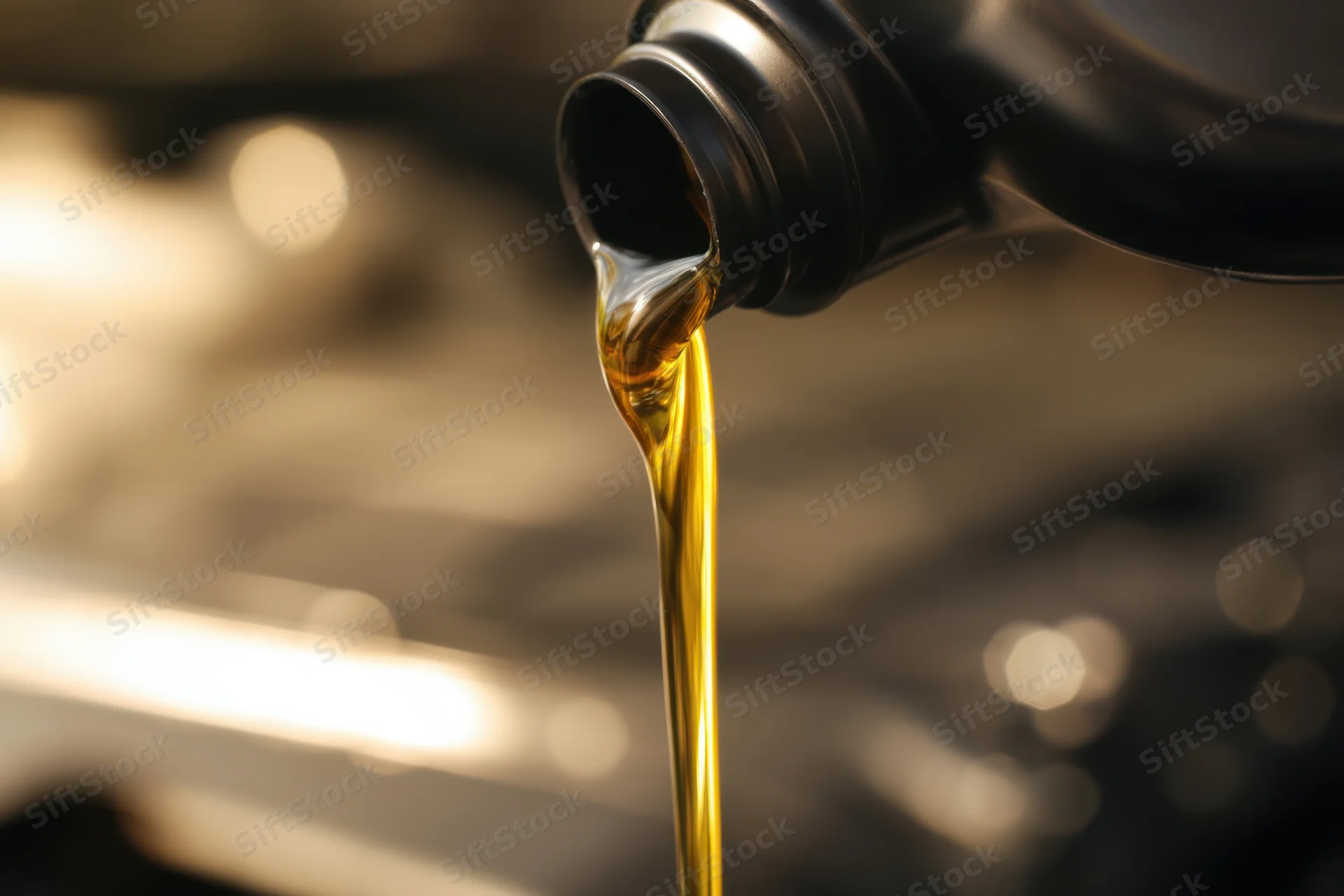 Motor oil pouring from a black bottle into an engine compartment