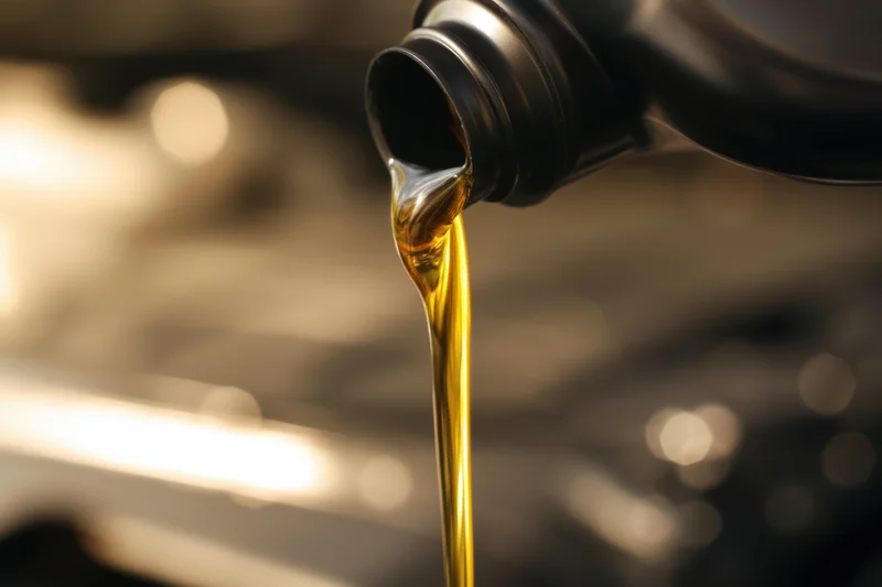 Motor oil pouring from a black bottle into an engine compartment
