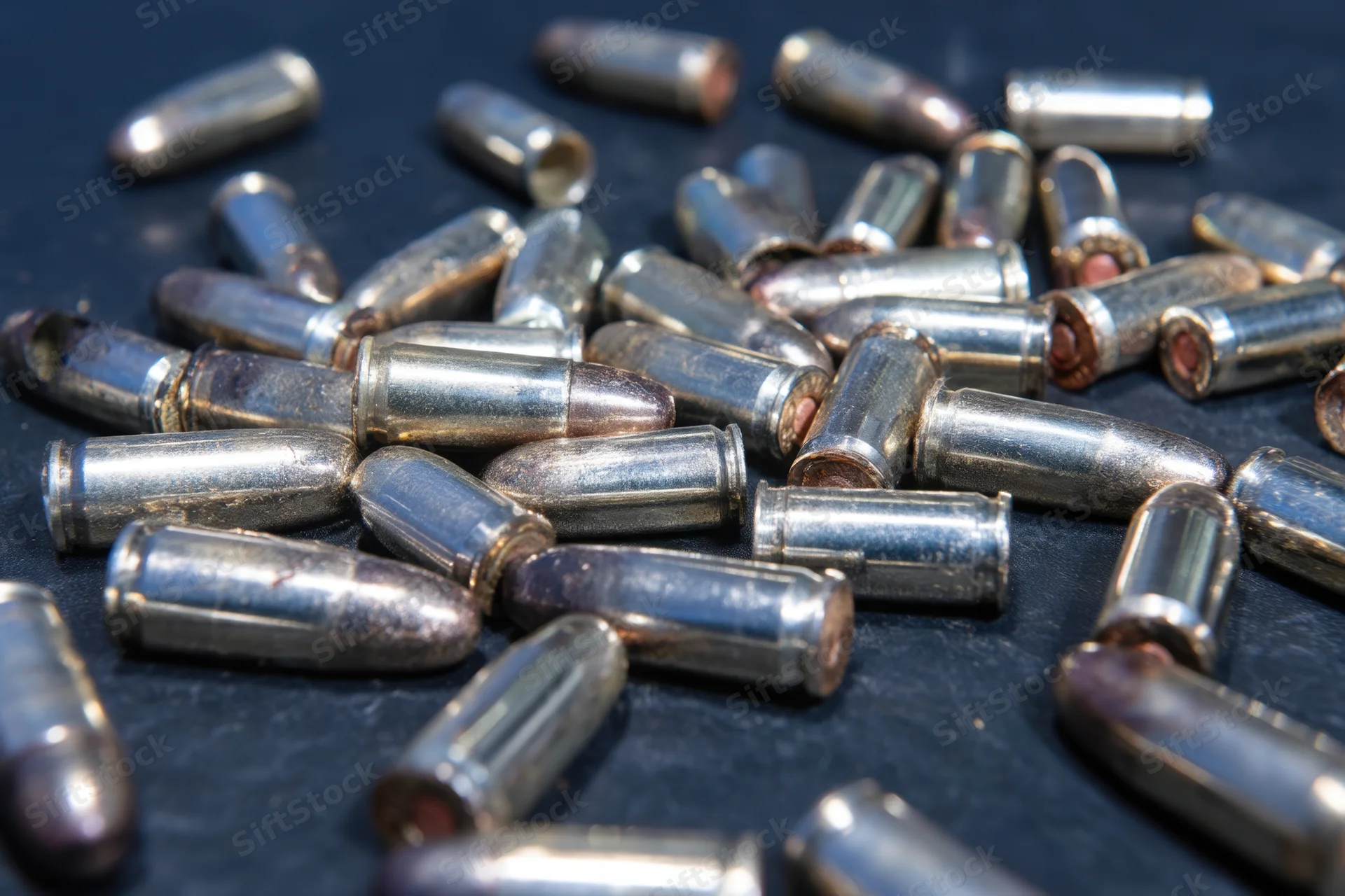 Scattered spent bullet casings on dark surface in close-up view