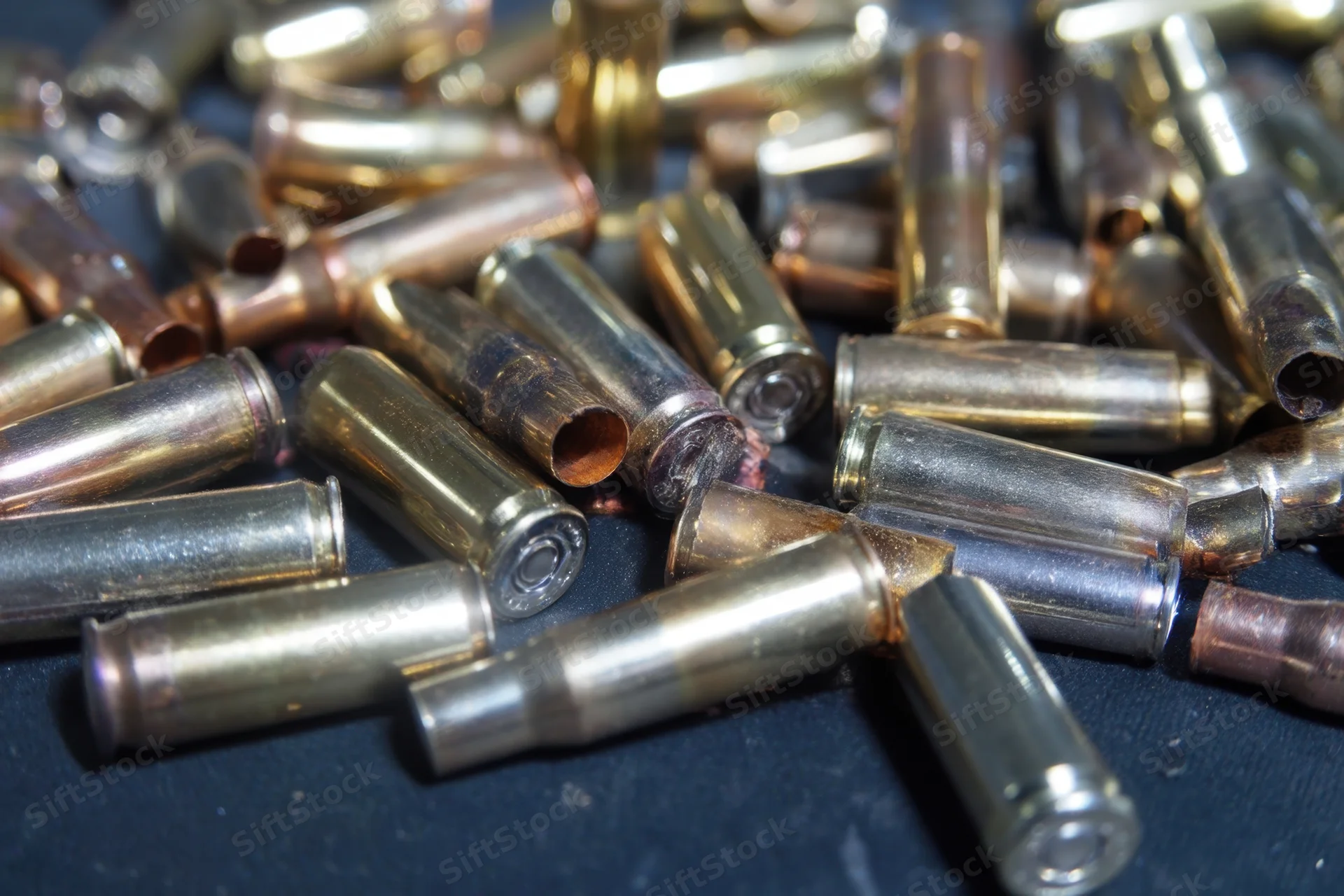 Close-up of scattered spent bullet casings on dark surface