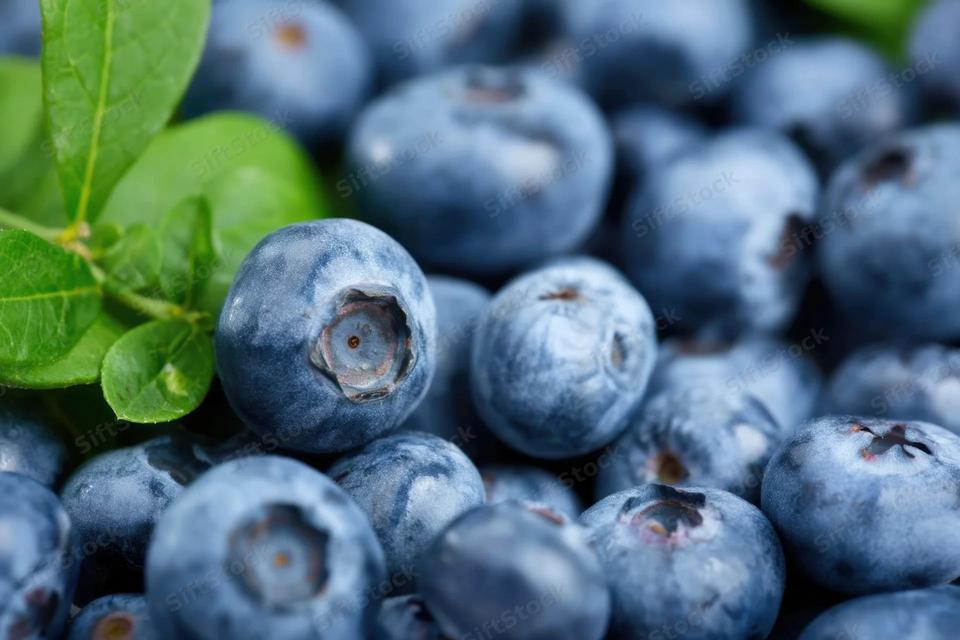 Closeup of fresh plump blueberries clustered together with green leaves