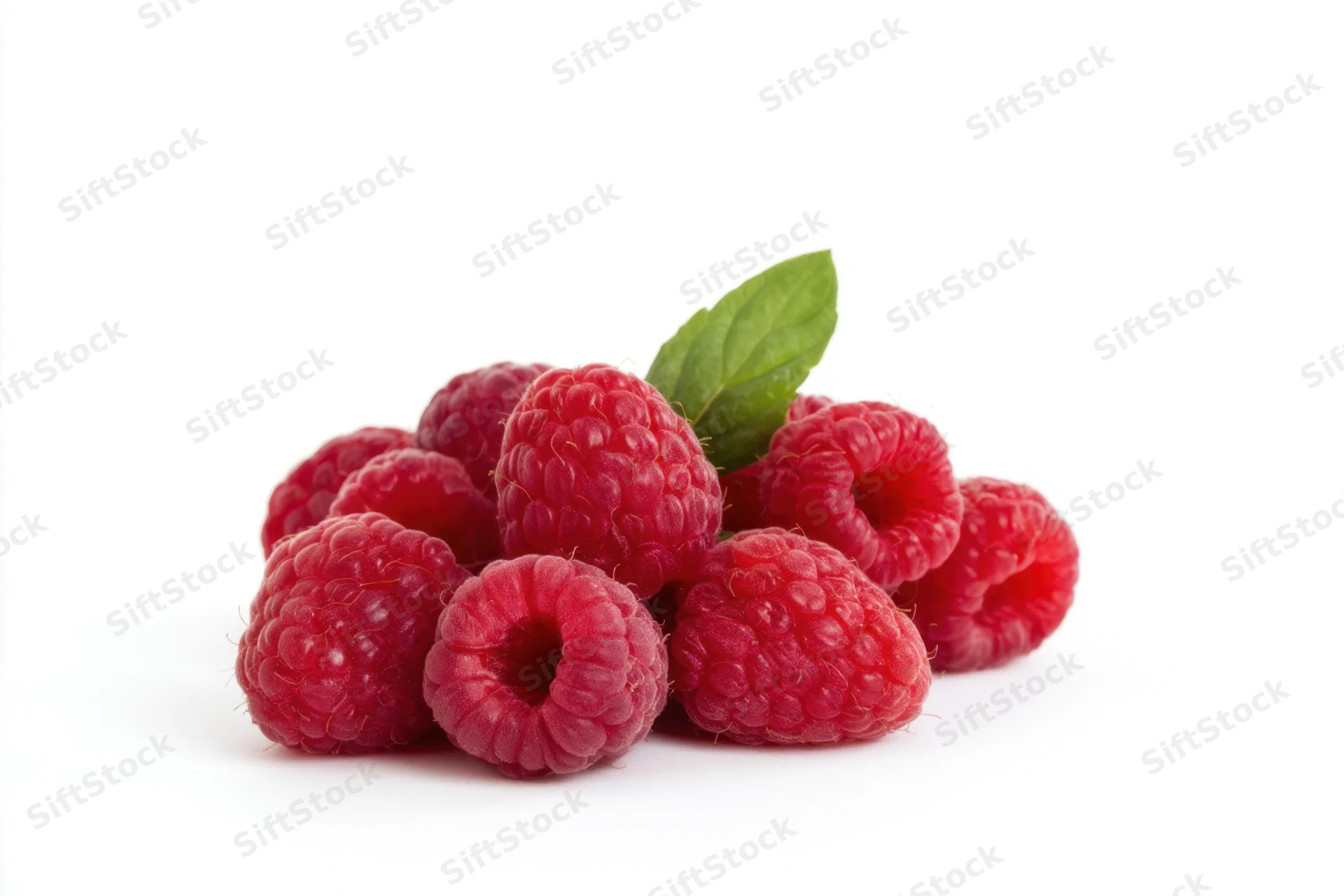 Cluster of fresh plump raspberries with a mint leaf on white background