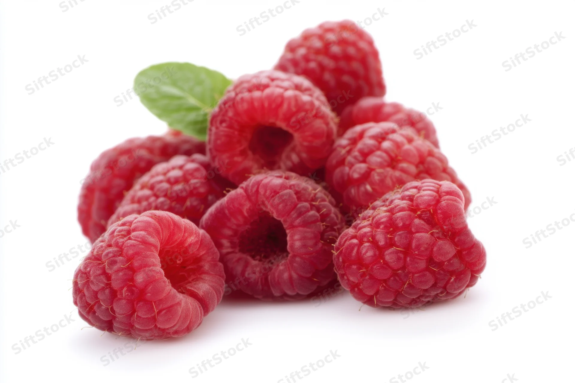 Cluster of fresh plump raspberries with a mint leaf on white background