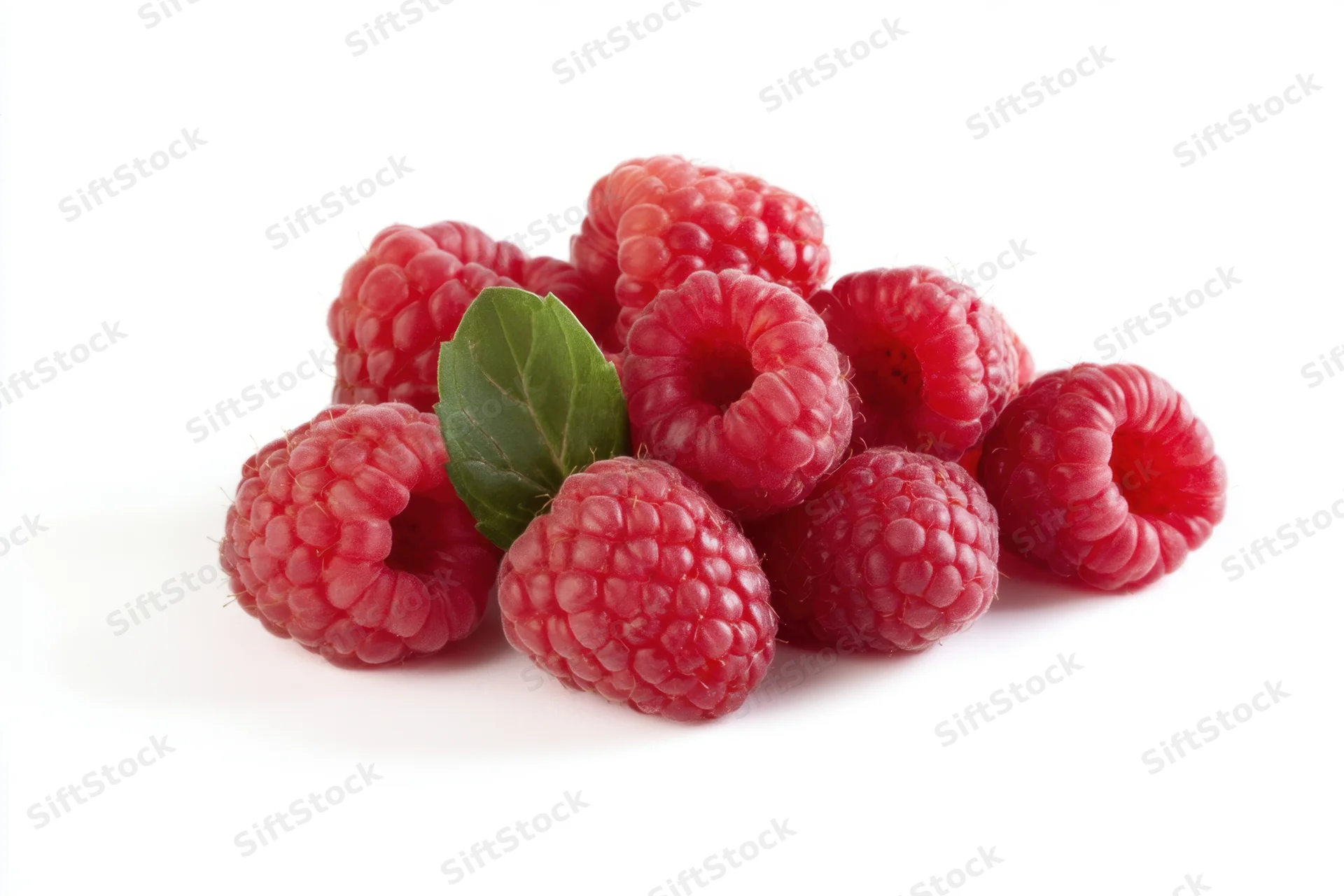 Cluster of fresh plump raspberries with a green leaf on white background