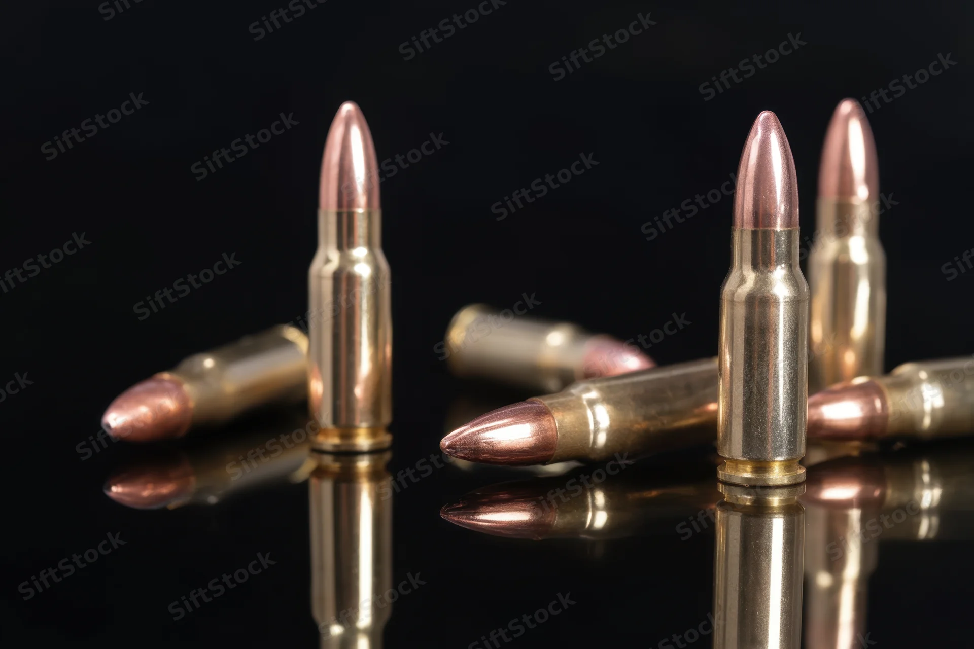 Metallic rifle cartridges arranged upright and lying on a reflective black surface