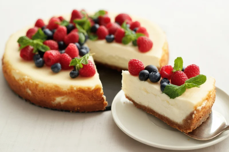 Slice of creamy cheesecake topped with raspberries, blueberries and mint on a white plate with a spoon, beside the whole cake on a table