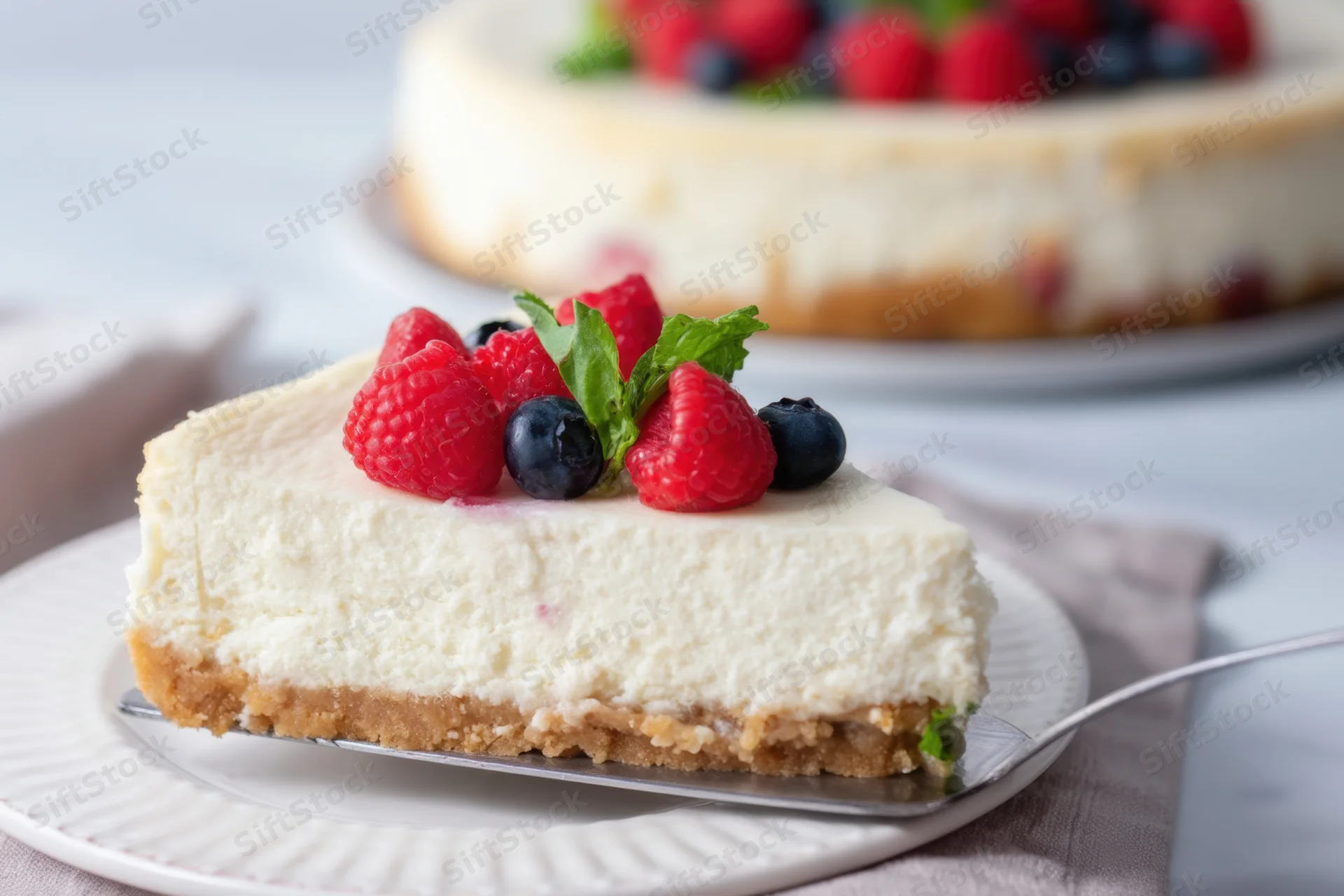 Slice of creamy cheesecake topped with raspberries, blueberries and mint on a white plate with fork beside it
