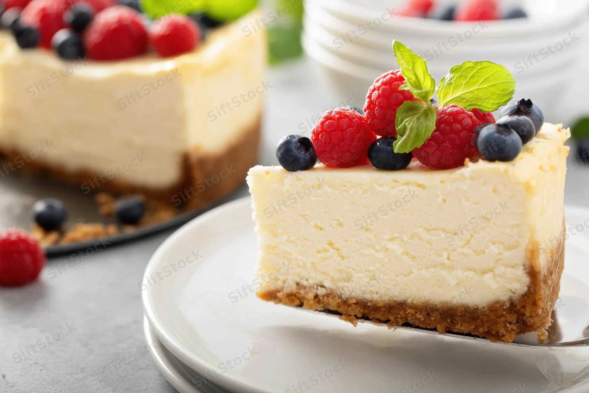 Slice of creamy cheesecake topped with raspberries, blueberries and mint on a white plate