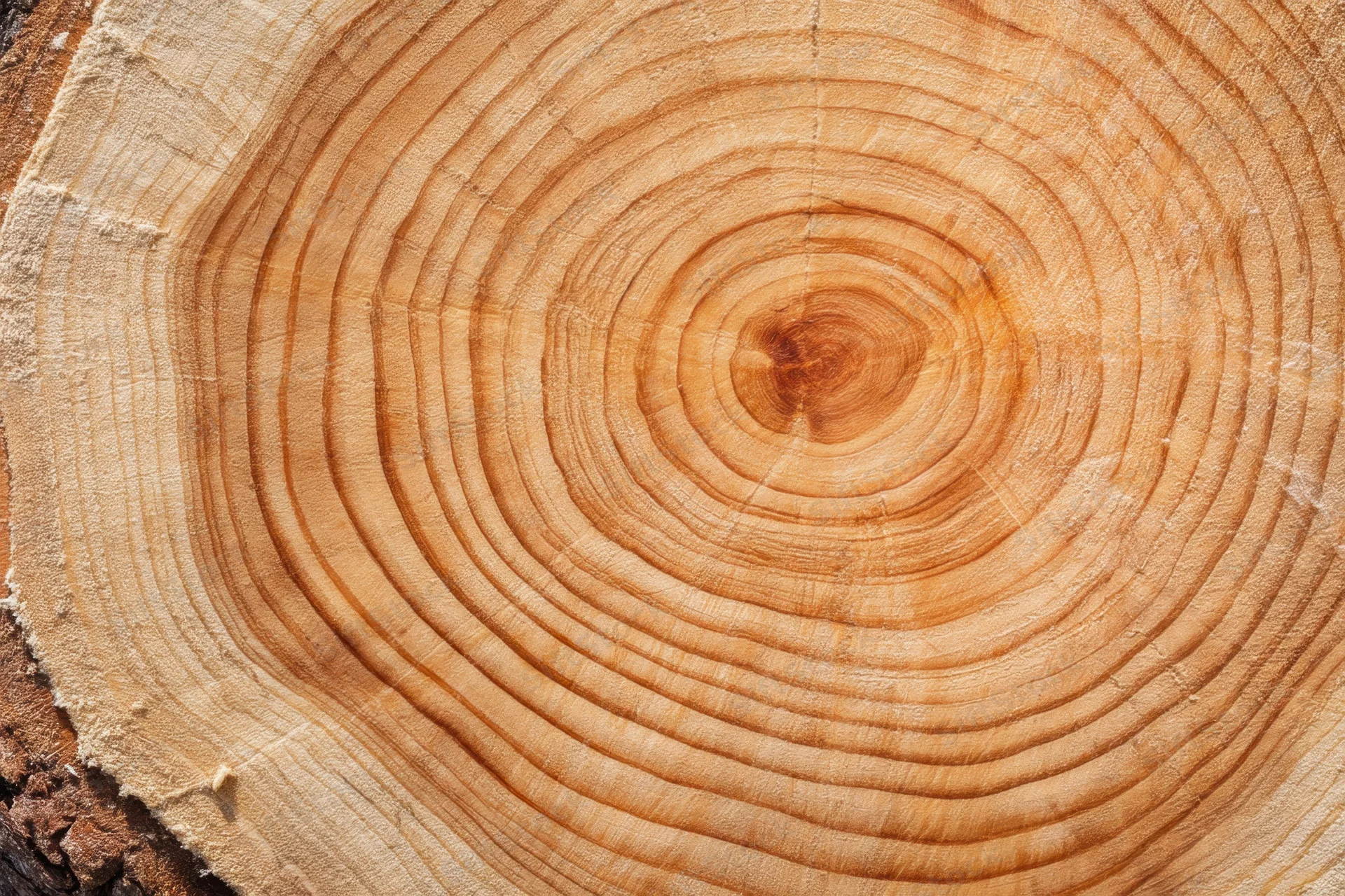 Cross-section of a tree trunk showing concentric growth rings and natural wood texture