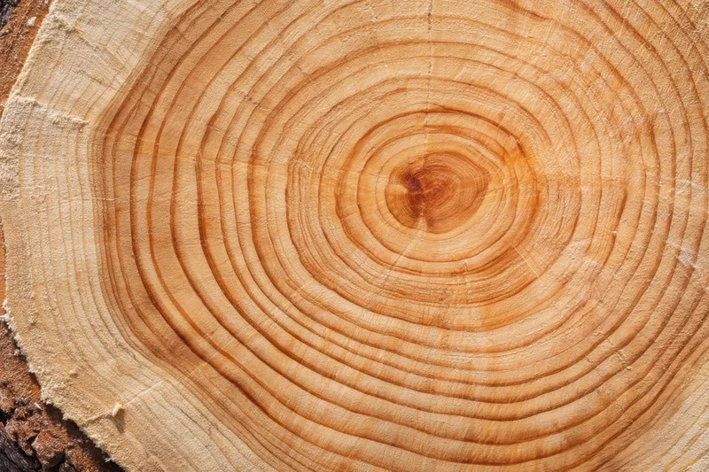 Cross-section of a tree trunk showing concentric growth rings and natural wood texture