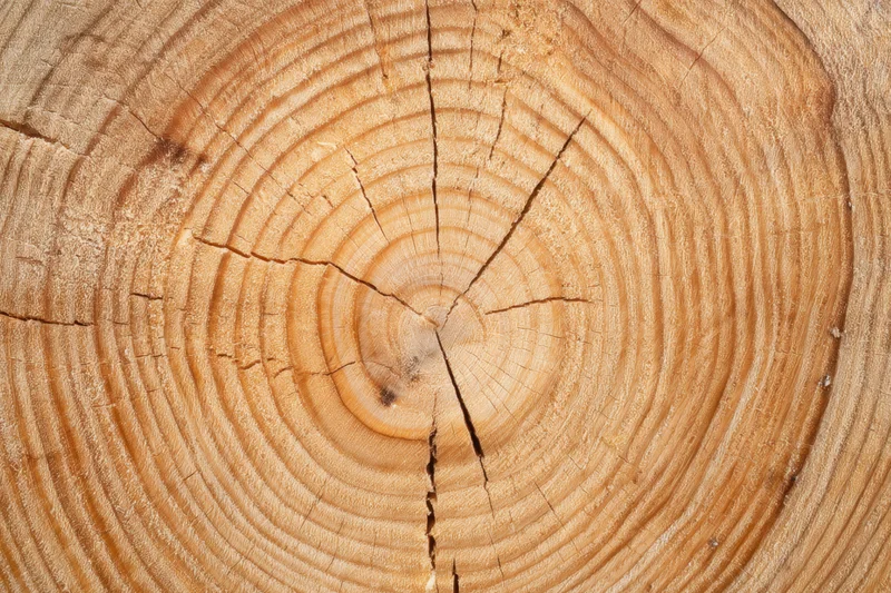 Cross-section of a tree trunk showing concentric growth rings and natural cracks