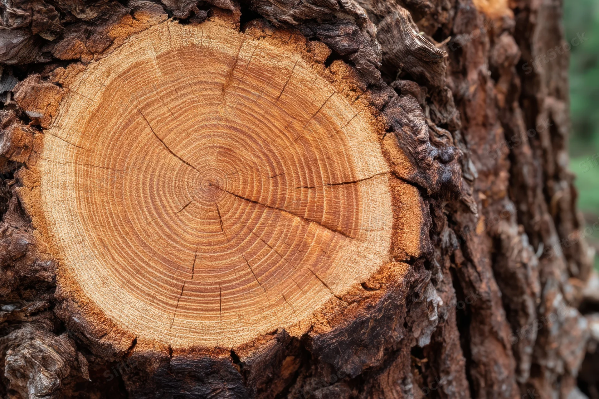 Cross-section of a tree trunk showing growth rings and bark texture