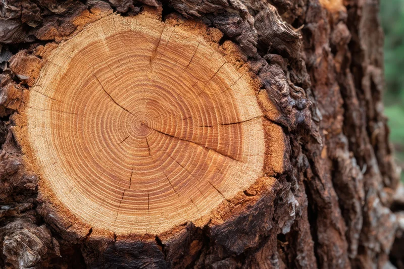 Cross-section of a tree trunk showing growth rings and bark texture